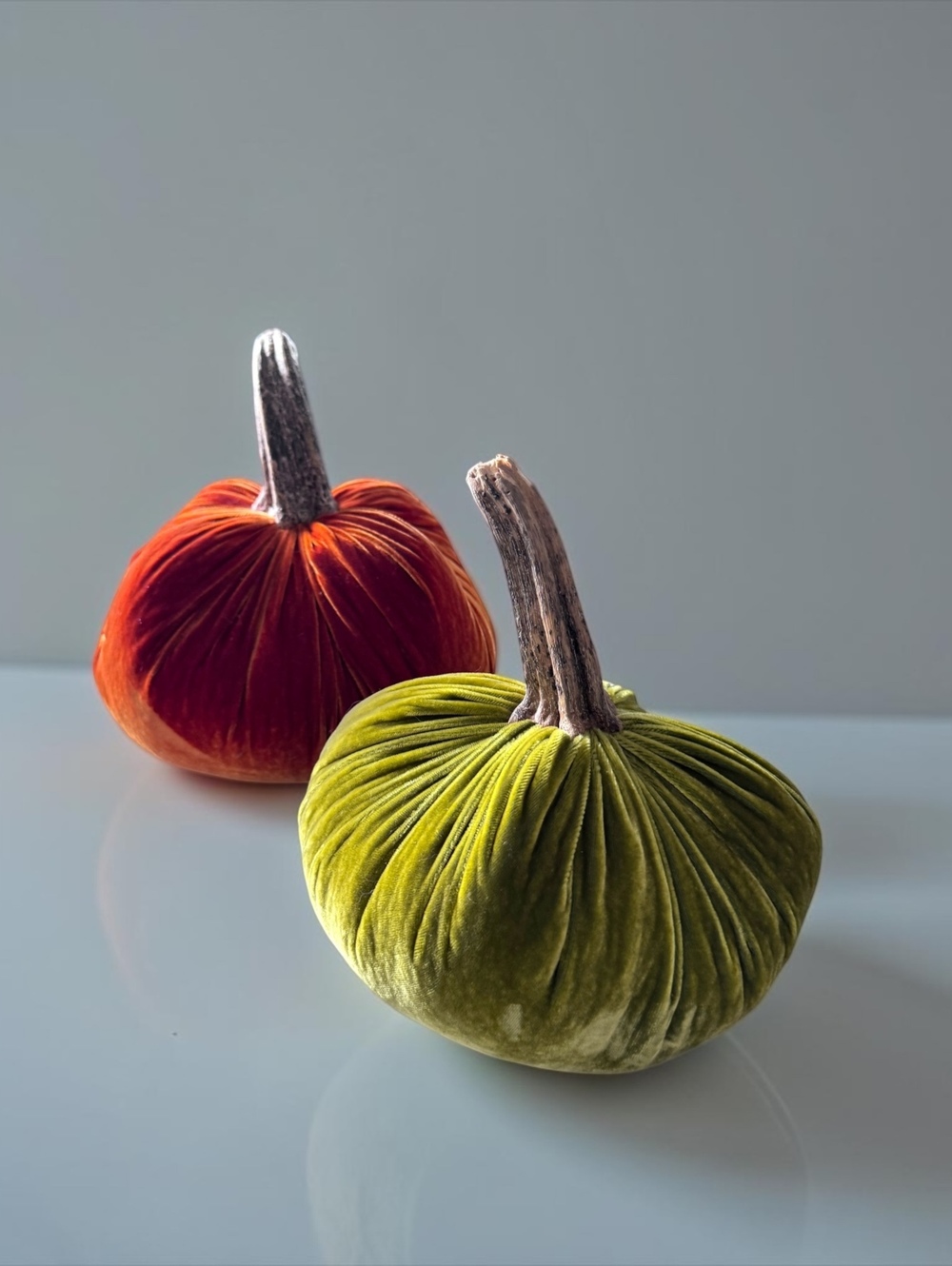Set of 2 Velvet Pumpkins Orange & Olive Green Real Stems Fall Autumn Decor